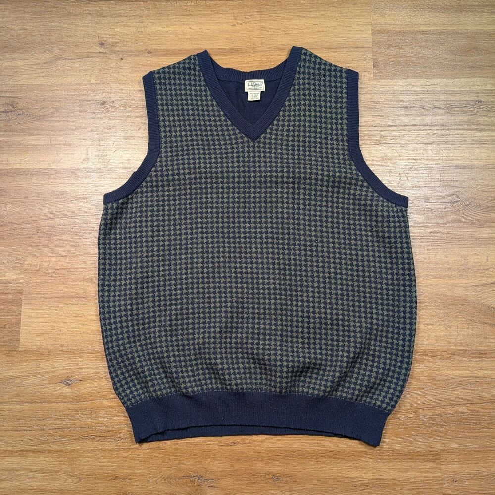 LL Bean Lambswool V-Neck Sweater Vest Men's XL Tall Navy Blue Houndstooth Golf